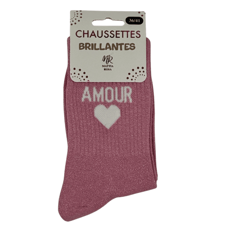 Chaussettes brillantes Amour rose avec inscription brillante romantique