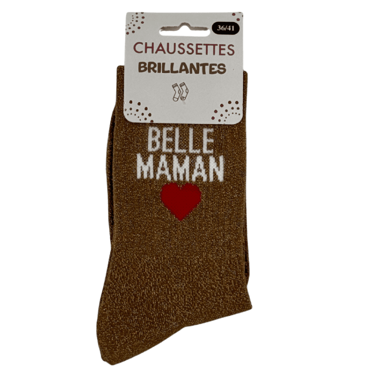 Chaussettes brillantes Belle Maman Coeur marron et rouge avec message brillant idée cadeau