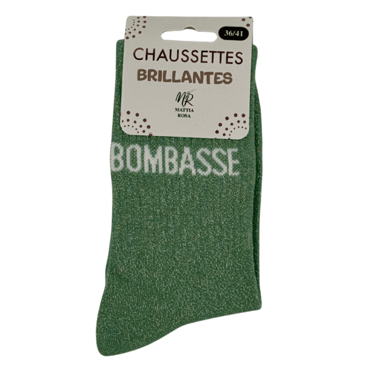 Chaussettes brillantes Bombasse verte avec inscription pailletée effet scintillant