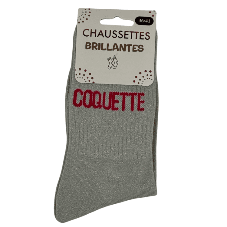 Chaussettes brillantes Coquette grise avec inscription brillante élégante