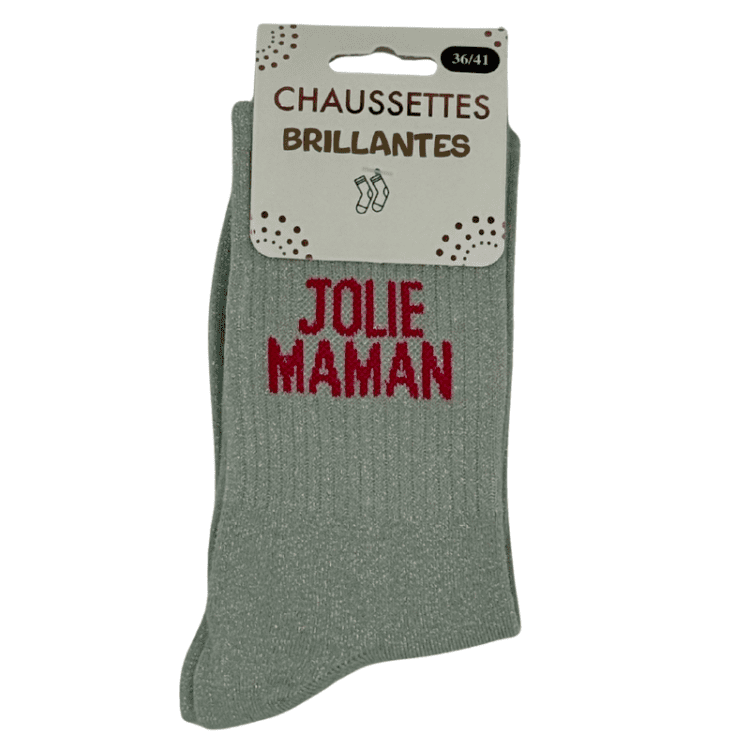 Chaussettes brillantes Jolie Maman grise avec message brillant idée cadeau