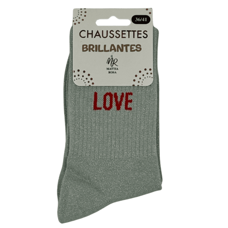 Chaussettes brillantes Love grise avec inscription brillante romantique