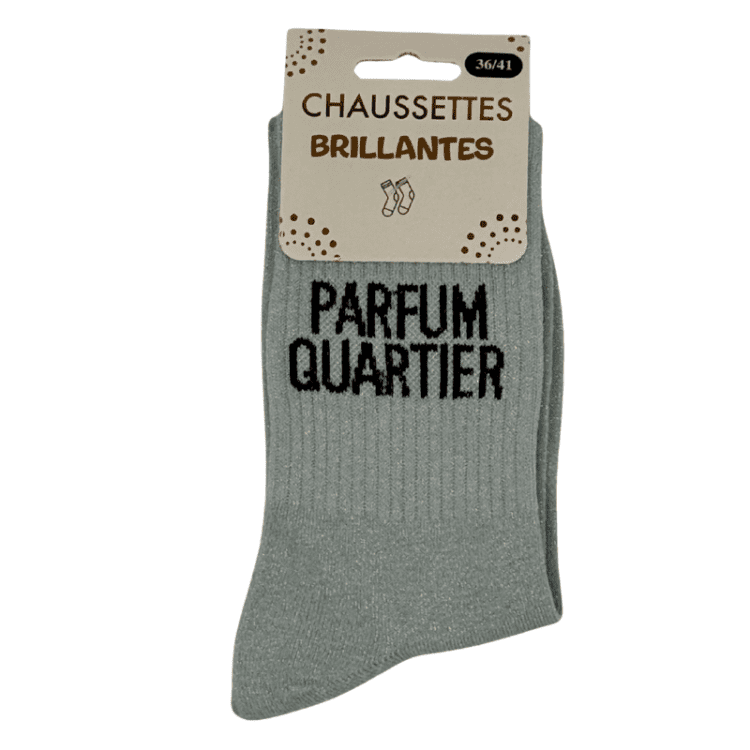 Chaussettes brillantes Parfum Quartier grise avec message brillant style urbain