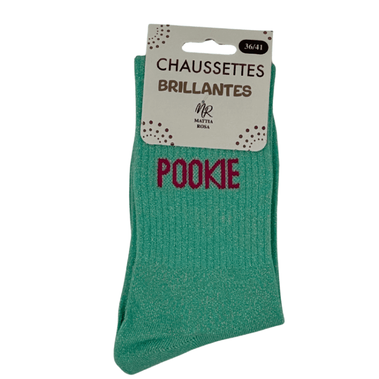 Chaussettes brillantes Pookie vert d'eau avec inscription brillante tendance