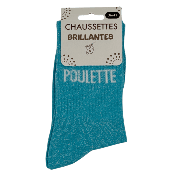 Chaussettes brillantes Poulette turquoise avec inscription brillante fun