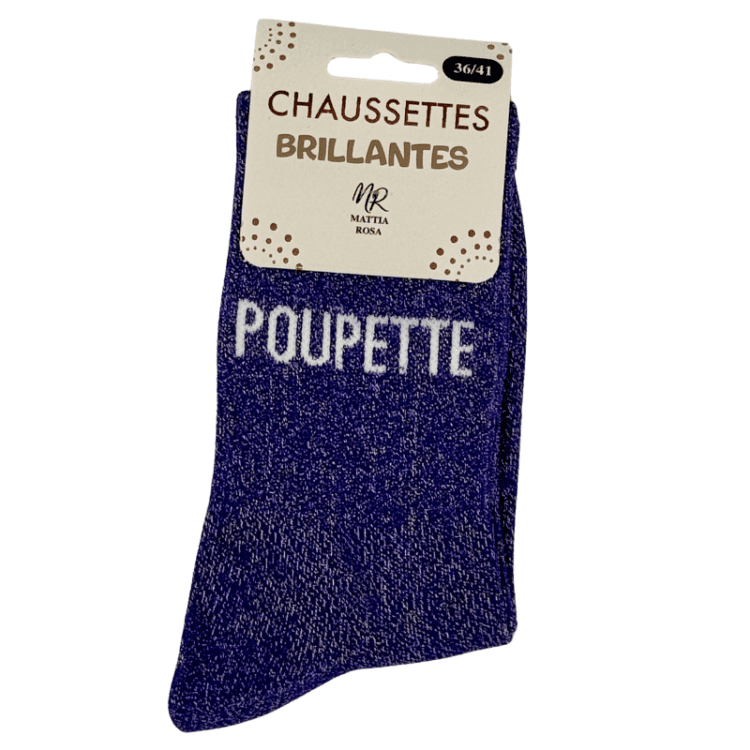Chaussettes brillantes Poupette bleu électrique avec message pailleté style fun