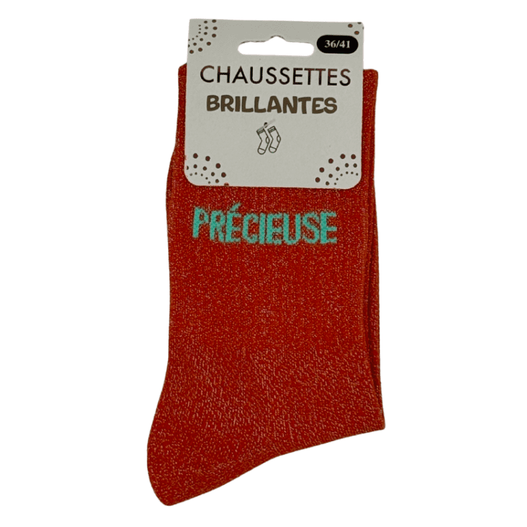Chaussettes brillantes Précieuse orange avec inscription scintillante élégante