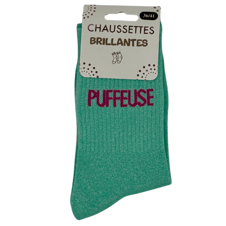 Chaussettes brillantes Puffeuse vert d'eau avec inscription brillante style urbain
