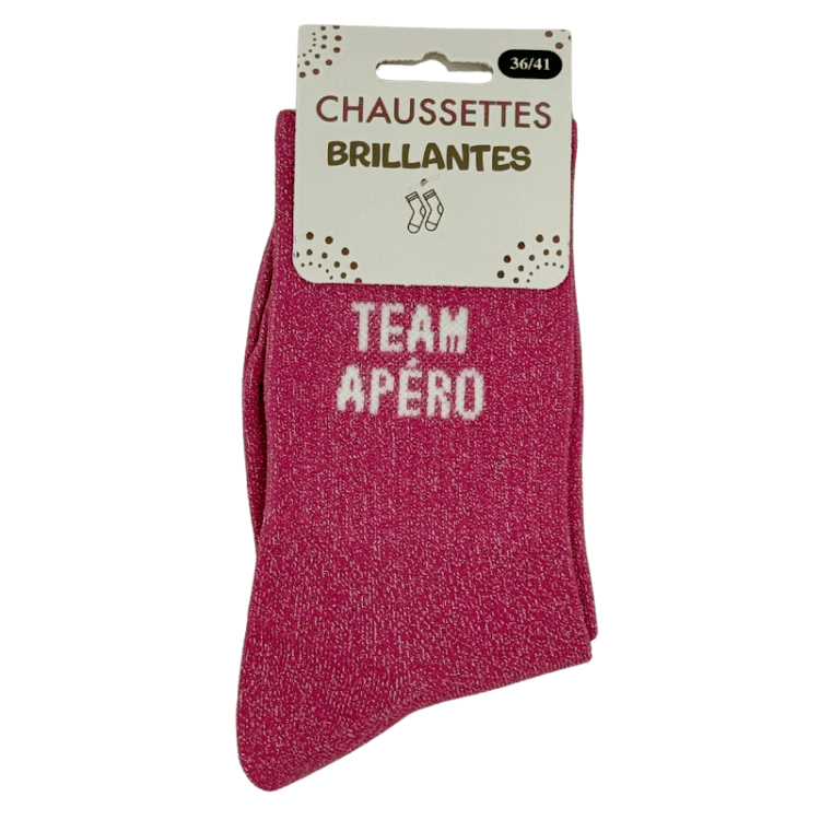 Chaussettes brillantes Team Apéro rose fushia avec inscription scintillante style street chic
