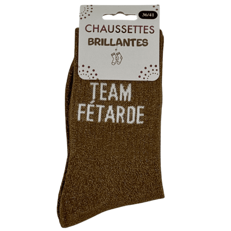 Chaussettes brillantes Team Fêtarde marron avec message brillant style festif