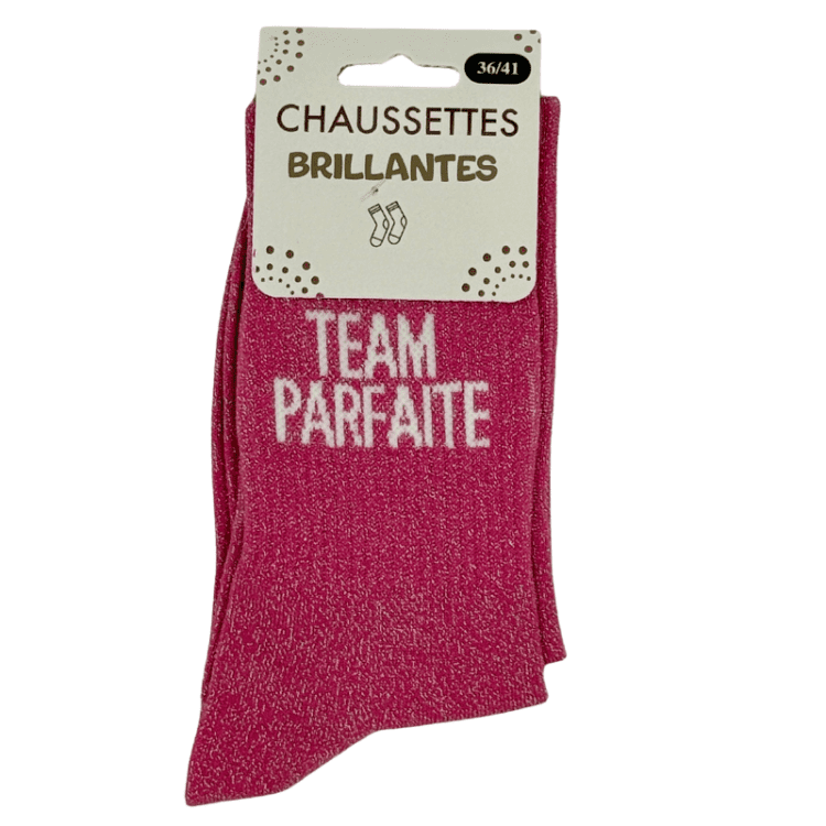 Chaussettes brillantes Team Parfaite fushia avec message brillant style fun