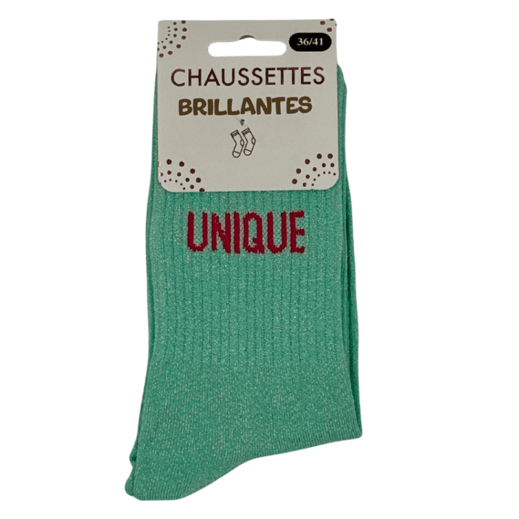 Chaussettes brillantes Unique vert d'eau avec inscription scintillante minimaliste
