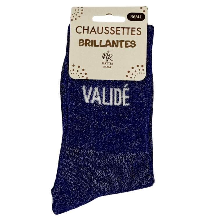 Chaussettes brillantes Validé bleu électrique avec inscription brillante effet lumineux