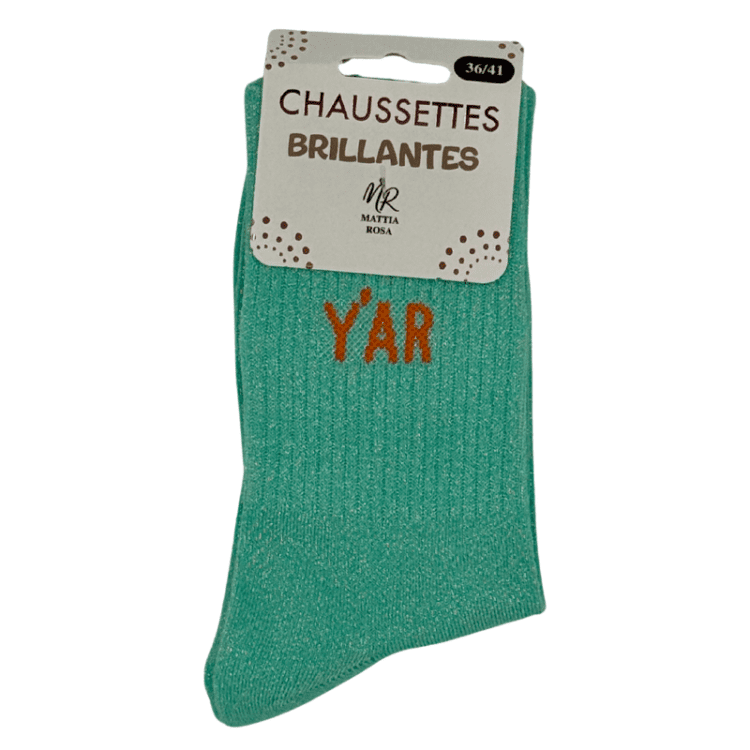 Chaussettes brillantes Y'AR vert d'eau avec inscription scintillante style urbain