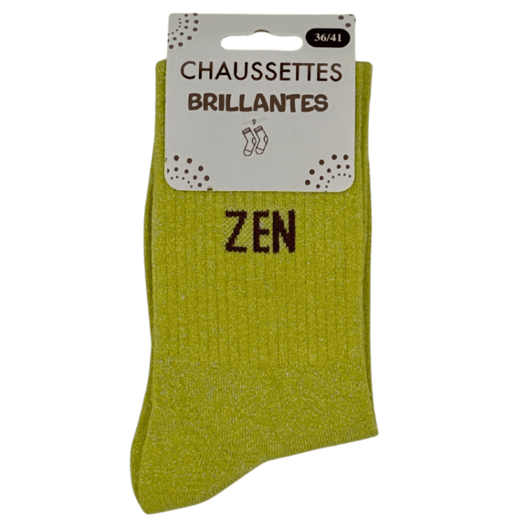 Chaussettes brillantes Zen jaune avec inscription brillante style minimaliste