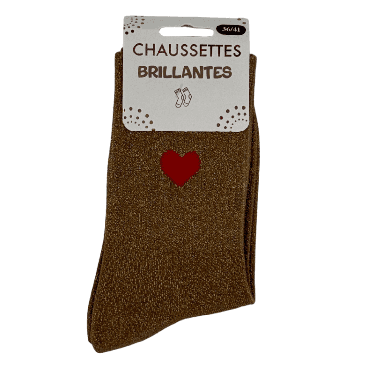Chaussettes brillantes avec coeur marron et rouge motif romantique scintillant